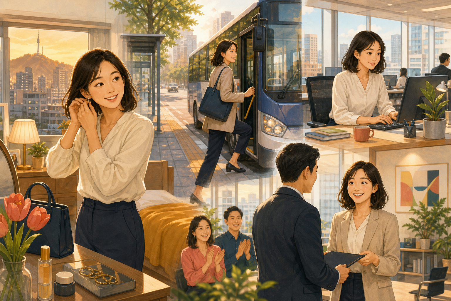 아침에 준비하고 버스를 타고 출근하는 직장인